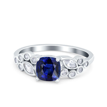 Vintage Style Cushion and Marquise Wedding Ring Simulated Blue Sapphire CZ 925 Sterling Silver